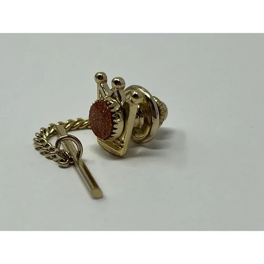 Vintage Crown Tie Tack Goldstone Cabochon Gold Tone T-Bar Chain Pin Men
